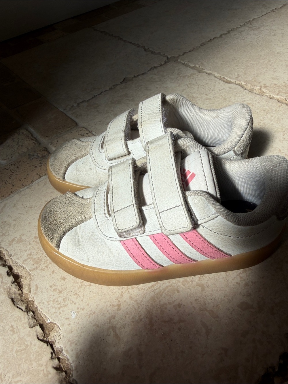 Adidas Kids White and Gray Velcro Sneakers with Pink Stripes - 8K